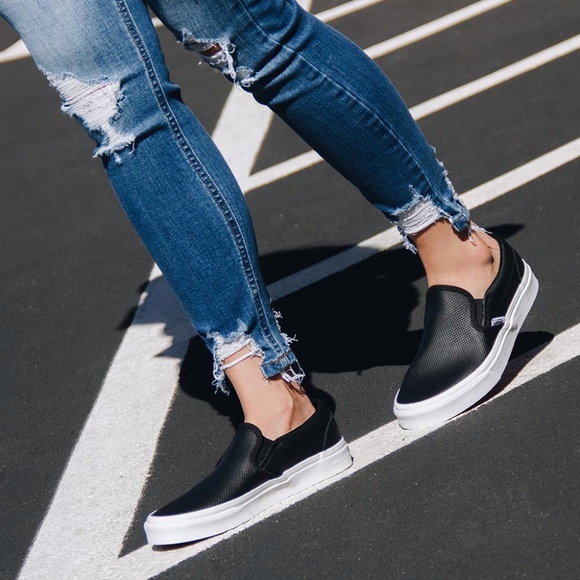 women's Vans Classic Slip on Black Perf Leather women's Vans Classic Slip on Black Perf Leather